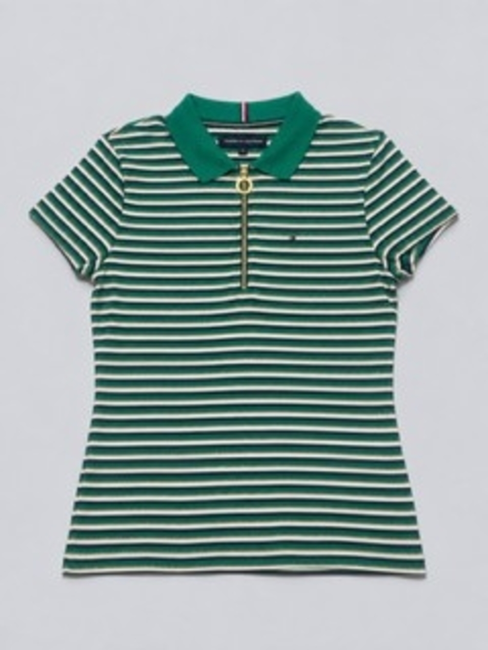 Tommy Hilfiger Womens Green Striped Polo Zip-Knit Top